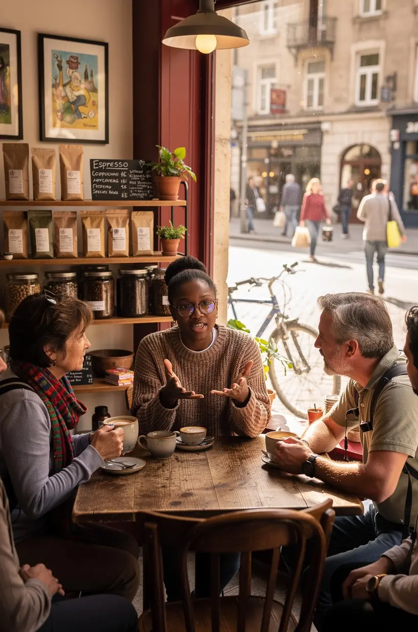 Travelers engaging with local guides in vibrant city setting