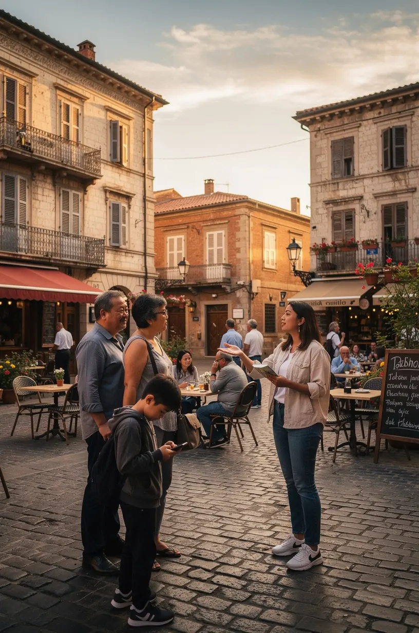 Travelers engaging with guides on a historical tour
